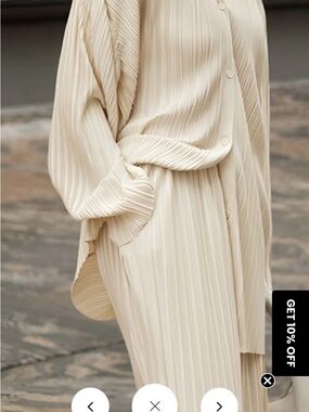 Commense Cream Pleated Long-Sleeve Button pant suit